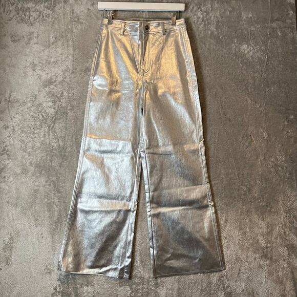 Anniewear Sz M Metallic Silver High Waist Wide Leg Pants Women's - Picture 1 of 8